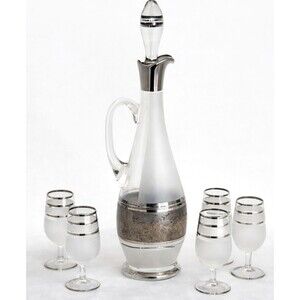 VINTAGE  Champagne Liquor Decanter & 4 Glasses Platinum Trim 16" High